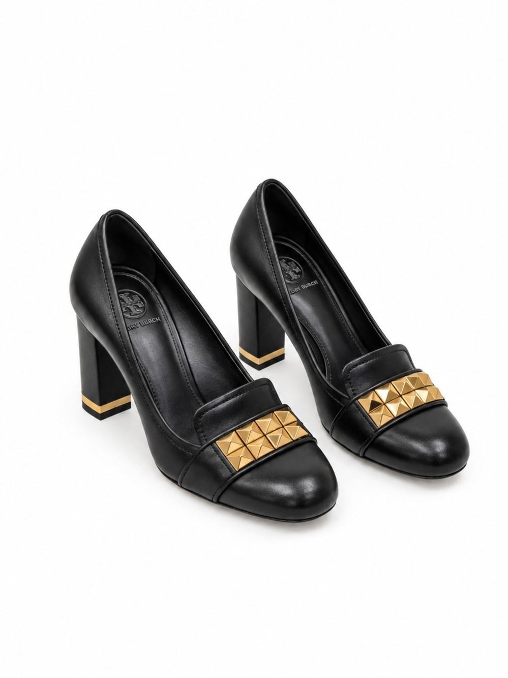 Tory Burch Black Leather Gold Stud Block Heel Pumps Size 7